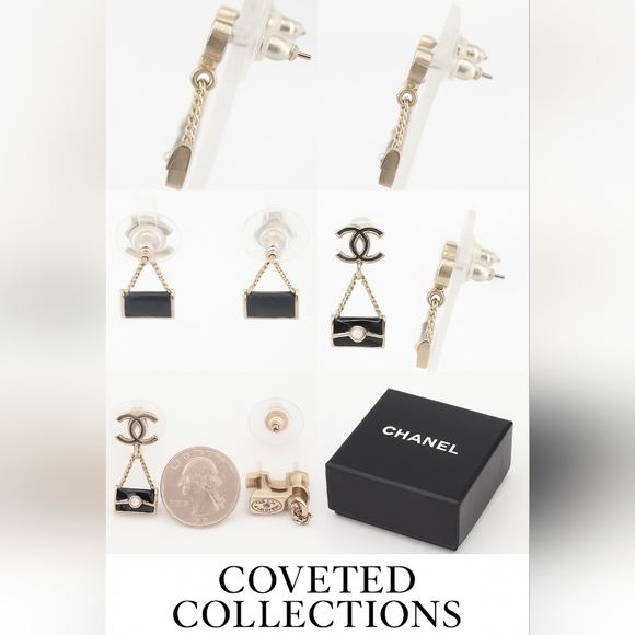 Chanel Black Enamel Bag Dangle Earrings with Pearl Accent Authentic Vintage - Picture 9 of 10